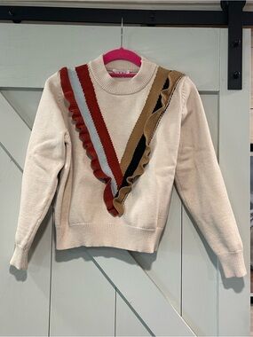 THML Cream Crewneck Sweater with Multicolor V Ruffle